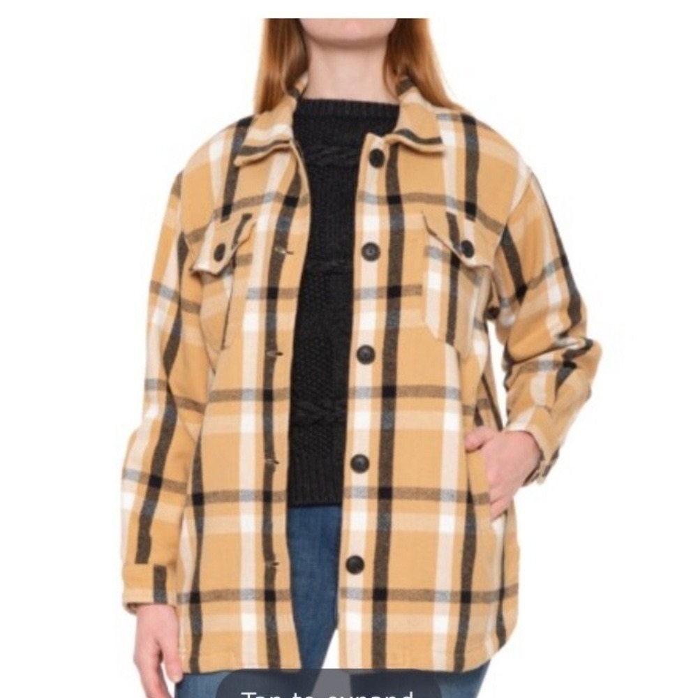 Lucky Brand Tan Plaid Cotton Flannel Shacket Shirt Jacket 7WD3349 Womens Size S